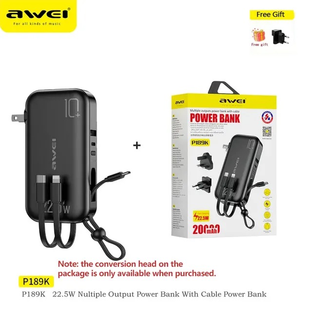 پاوربانک 10000 و شارژر دیواریPC032Y توان 22.5 وات همراه با 3 کابل متصل باوین Bavin